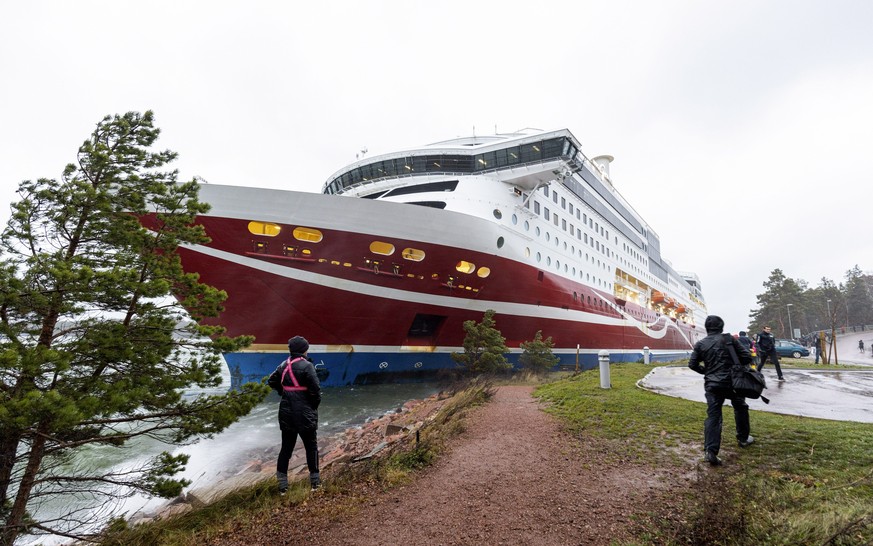 A view of the Viking Line cruise ship Viking Grace, run aground with passengers on board, south of Mariehamn, Finland, Saturday, Nov. 21, 2020. A Baltic Sea ferry with 331 passengers and a crew of 98  ...