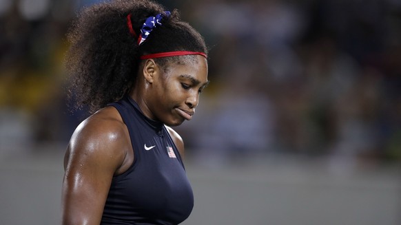 Serena Williams, of the United States, exhales during her loss to Elina Svitolina, of Ukraine, at the 2016 Summer Olympics in Rio de Janeiro, Brazil, Tuesday, Aug. 9, 2016. (AP Photo/Charles Krupa)