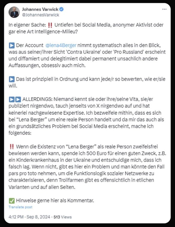 Tweet von Johannes Varwick (8. September 2024)