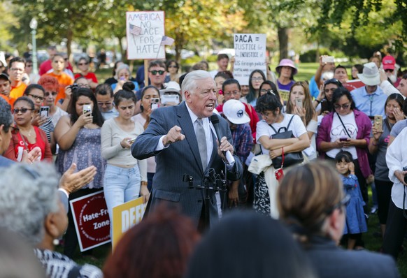 House Minority Whip Steny Hoyer, D-Md., center, speaks to immigrant rights supporters at the U.S. Capitol in Washington, Tuesday, Sept. 26, 2017. The groups and allies are advocating that Congress pas ...
