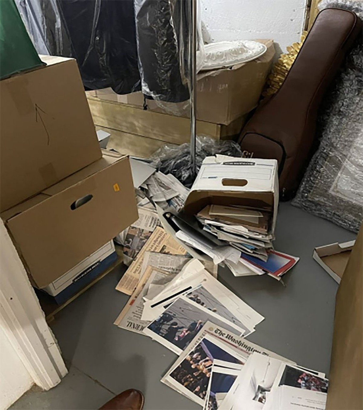 PALM BEACH, FLORIDA - UNSPECIFIED: In this handout photo provided by the U.S. Department of Justice, stacks of boxes can be observed at former U.S. President Donald Trump's Mar-a-Lago estate in P ...