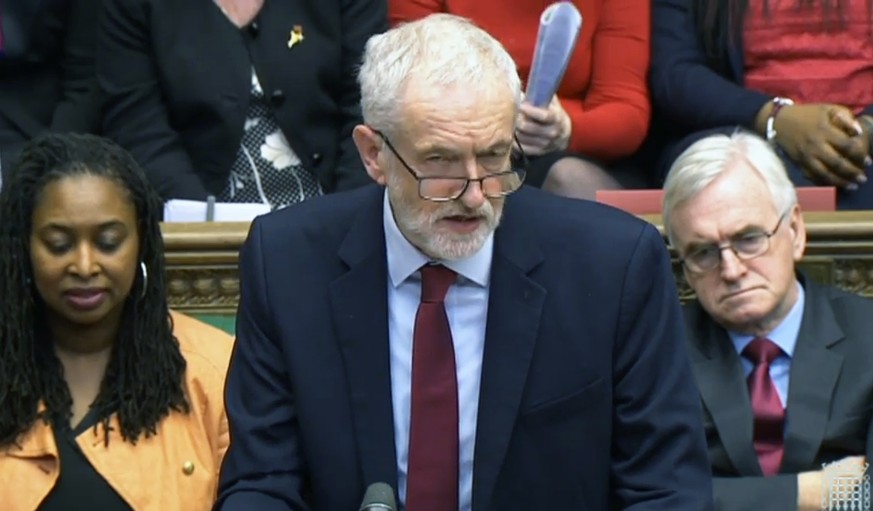 epa07471061 A grab from a handout video made available by the UK Parliamentary Recording Unit shows Jeremy Corbyn, leader of the Labour Party and leader of the opposition delivering a speech after the ...