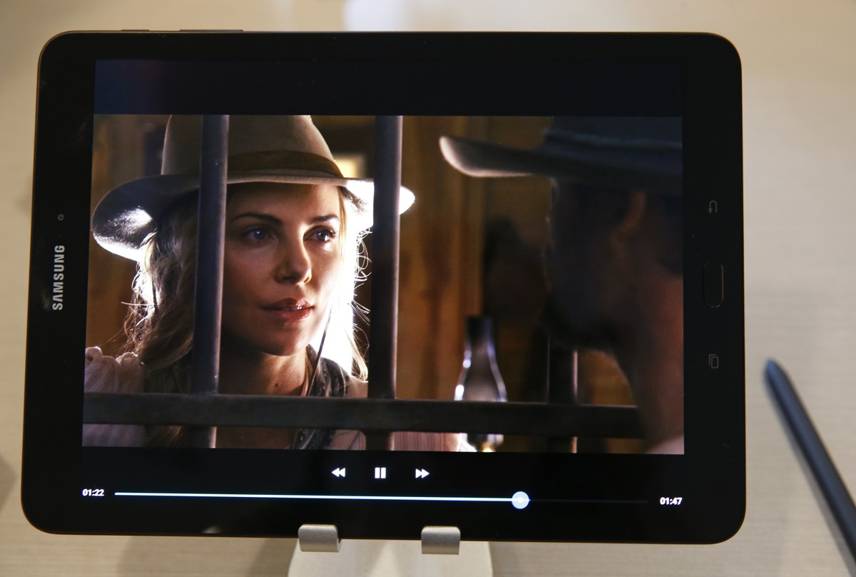 A Samsung Galaxy Tab S3 tablet displays it's colors as a movie plays on it, Tuesday, Feb. 21, 2017, during a company press briefing in New York. Samsung is shining the spotlight on it's new  ...