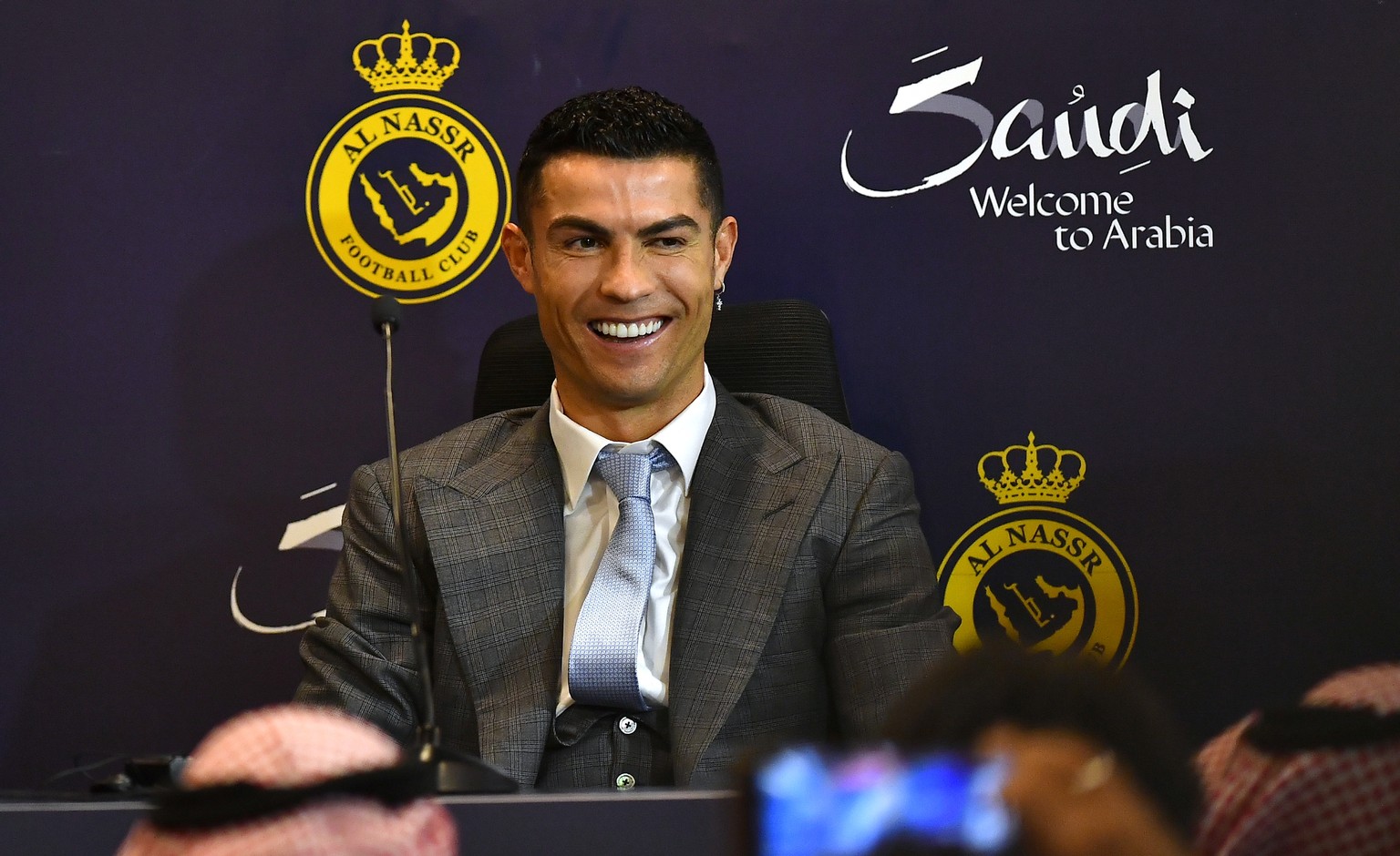 epa10387448 Portuguese soccer player Cristiano Ronaldo attends a press conference at Mrsool Park stadium, in Riyadh, Saudi Arabia, 03 January 2023. Cristiano Ronaldo will be presented at Mrsool Park s ...