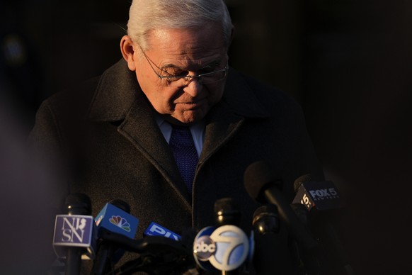 Former Sen. Bob Menendez, D-N.J. speaks after being sentenced to 11 years in prison on a conviction for accepting bribes of gold and cash and acting as an agent of Egypt, Wednesday, Jan. 29, 2025, in  ...