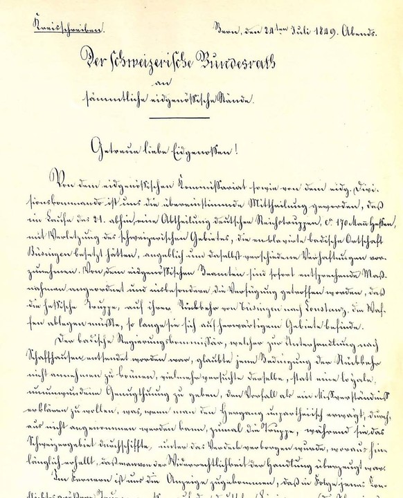 Am 24. Juli 1849 mobilisierte der Bundesrat die Schweizer Armee.
https://dodis.ch/41044