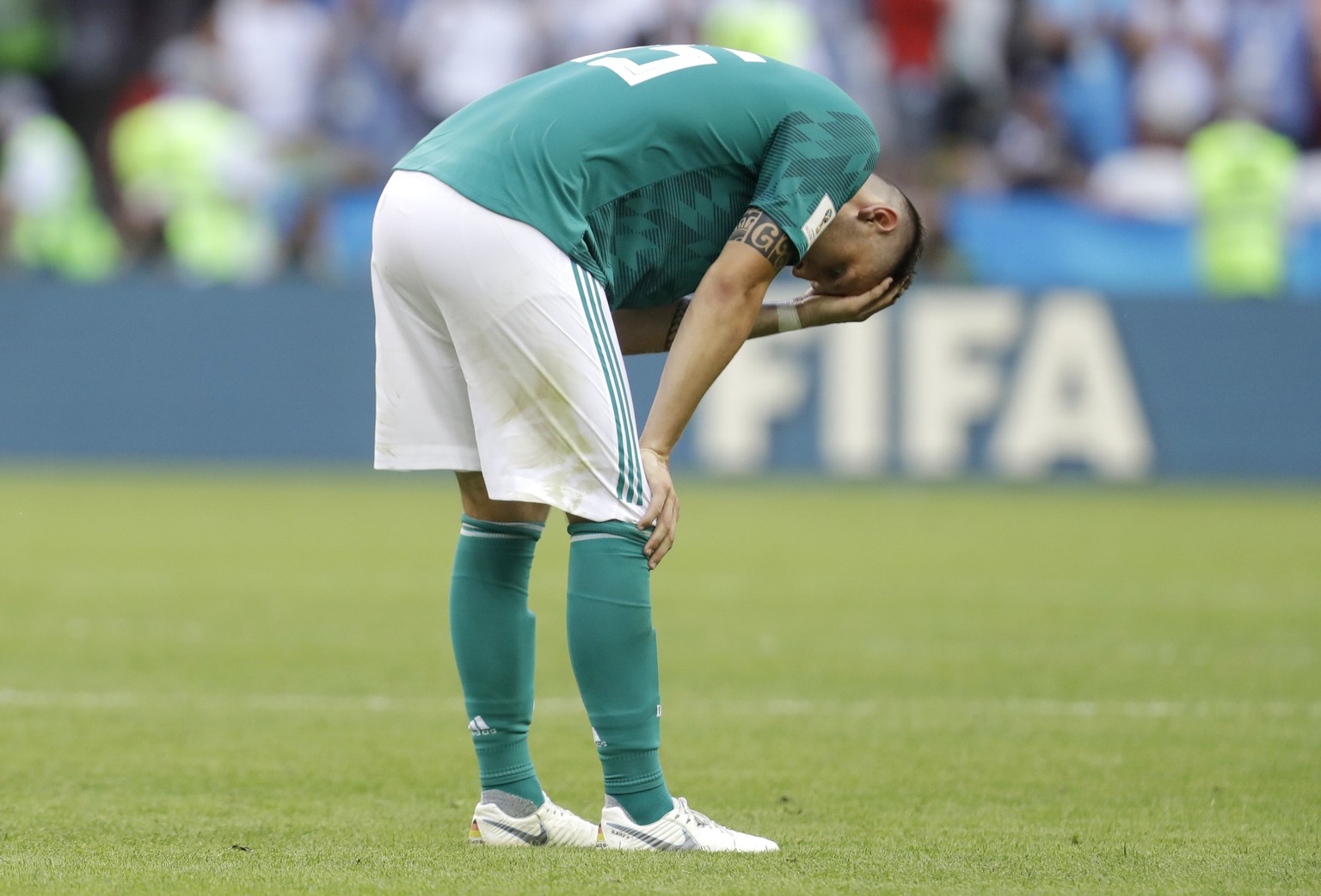 Germany&#039;s Niklas Suele reacts after Germany was eliminated during the group F match between South Korea and Germany, at the 2018 soccer World Cup in the Kazan Arena in Kazan, Russia, Wednesday, J ...