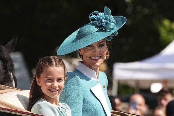 Britain&#039;s Princess Charlotte and Kate, the Princess of Wales leave Buckingham Palace ahead of Trooping the Colour, the king&#039;s annual birthday parade, in London, Saturday June 14, 2025. (Aaro ...