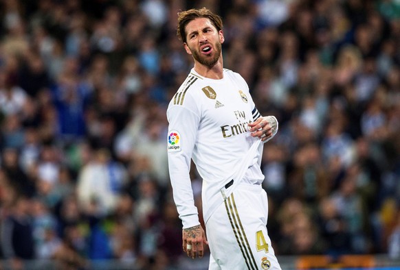 epa07968167 Real Madrid&#039;s Sergio Ramos reacts during the Spanish La Liga soccer match between Real Madrid and Real Betis at Santiago Bernabeu stadium in Madrid, Spain, 02 November 2019. EPA/RODRI ...