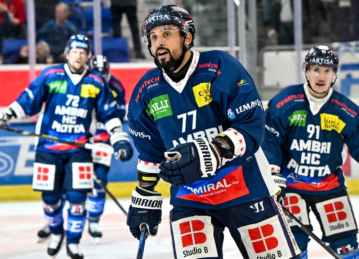 Michael Joly (HCAP) celebrates his goal, during the regular season National League game between HC Ambri Piotta and HC Fribourg Gotteron at the ice stadium Gottardo Arena, Switzerland, October 20, 202 ...