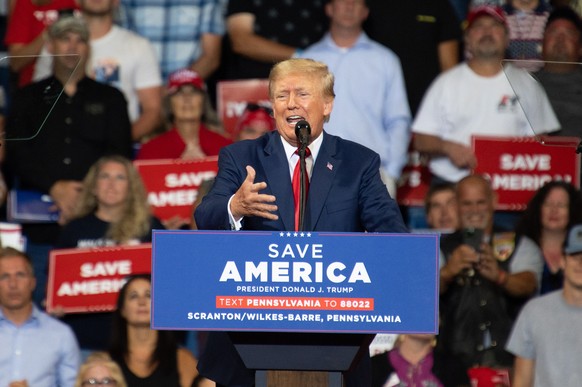 epa10158588 Former President Donald J. Trump speaks at the Mohegan Sun Arena in Wilkes-Barre, Pennsylvania, USA, 03 September 2022. This is Trump?s first public appearance since the 08 August raid of  ...