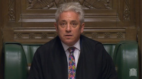 epa07467710 A grab from a handout video made available by the UK Parliamentary Recording Unit shows John Bercow the Speaker of the House announcing that all eight options considered under the indicati ...