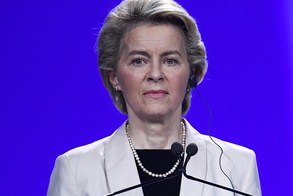 epa09293528 European Commission President Ursula von der Leyen during a press conference on the &#039;Next Generation EU&#039; recovery program after meeting with Italian Prime Minister Draghi at Cine ...