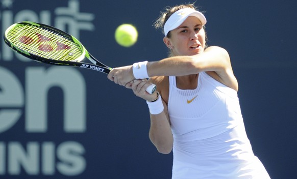 Belinda Bencic, of Switzerland, plays in her quarterfinal match against Aryna Sabalenka, of Belarus, at the 2018 Connecticut Open at the Connecticut Tennis Center at Yale in New Haven, Conn. Thursday, ...