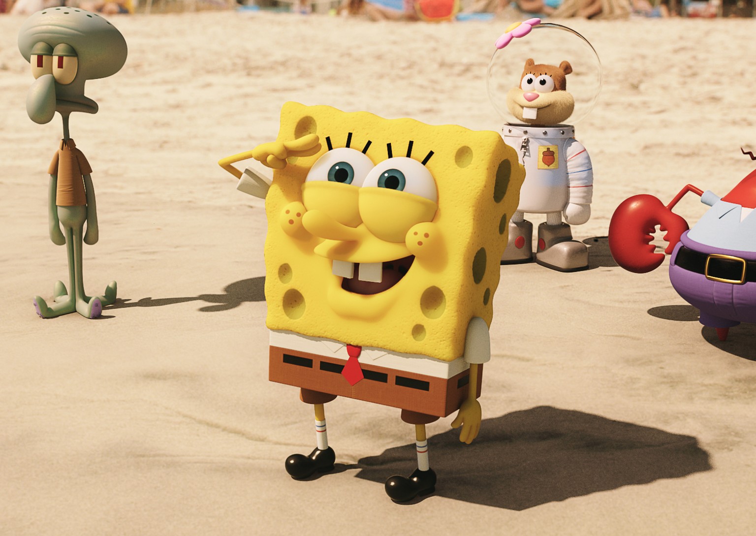 This image released by Paramount Pictures and Nickelodeon Movies shows characters, from left, Squidward Tentacles, SpongeBob SquarePants, Sandy Cheeks, and Mr. Krabs in a scene from &quot;The Spongebo ...