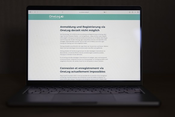 Blick auf die Einstiegsseite von OneLog auf einem Computerbildschirm, am Freitag, 25. Oktober 2024 in Zuerich. Ein Hackerangriff hat die von etlichen Schweizer Medien genutzte Login-Plattform OneLog l ...