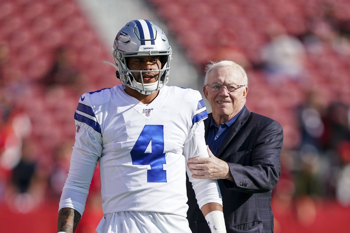 NFL, American Football Herren, USA Preseason-Dallas Cowboys at San Francisco 49ers, August 10, 2019 Santa Clara, CA, USA Dallas Cowboys quarterback Dak Prescott 4 and owner Jerry Jones right before th ...