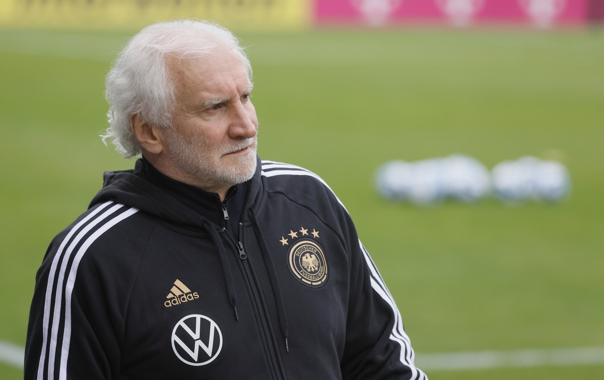 epa10534009 Germany's national soccer team sport director Rudi Voeller attends a training session in Frankfurt am Main, Germany, 20 March 2023. Germany will face Peru in Mainz in a friendly socce ...