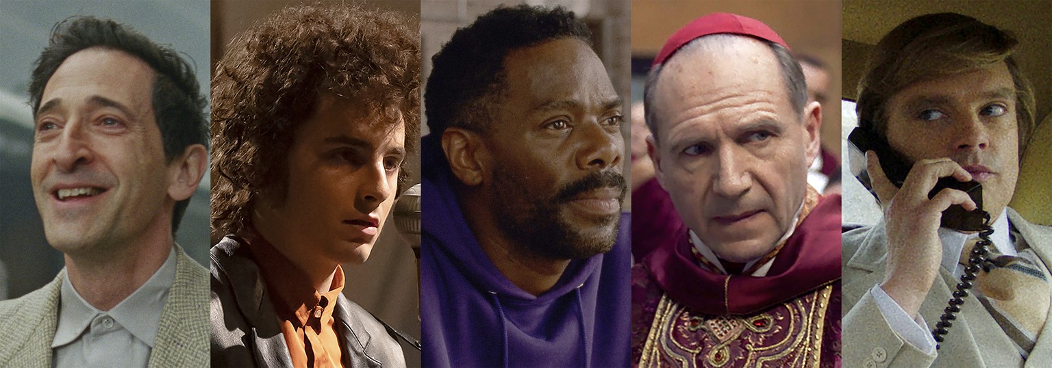 This combination of images shows Oscar nominees for best actor, from left, Adrien Brody in &quot;The Brutalist,&quot; Timothee Chalamet in &quot;A Complete Unknown,&quot; Colman Domingo in &quot;Sing  ...