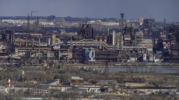 epa11912662 A view of the Azovstal steel factory from the Russian Orthodox Church of the Holy Prince Alexander Nevsky in Mariupol, Donetsk region, 16 February 2025 (issued 21 February 2025). The Azovs ...