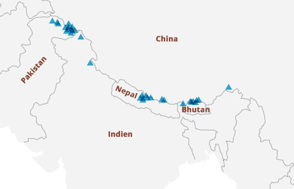 Hier noch der Kartenausschnitt der Region: Die höchsten unbestiegenen Berge verteilen sich auf China, Pakistan, Pakistan, Nepal, Bhutan und Indien.