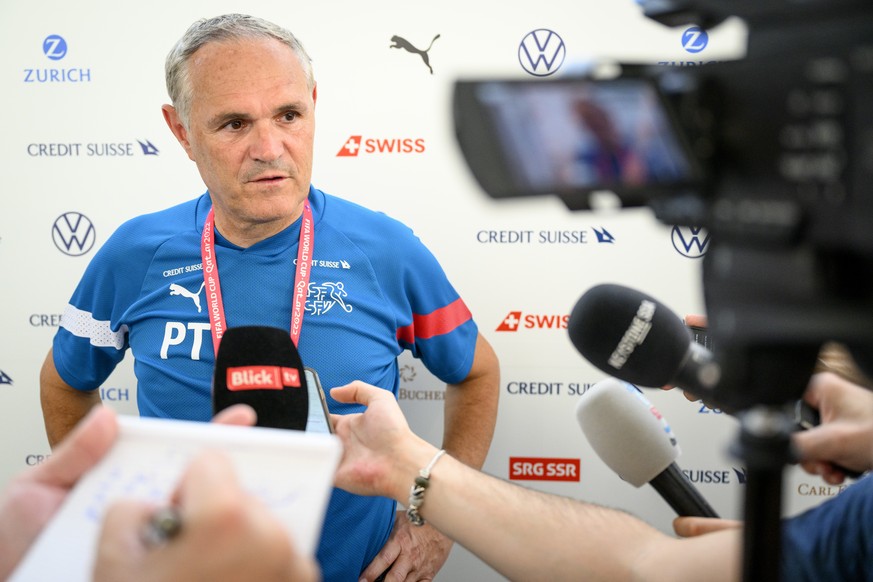 Switzerland&#039;s national soccer teams director Pierluigi Tami speaks with journalists during a mixed zone after a open training session of Swiss national soccer team in preparation for the FIFA Wor ...