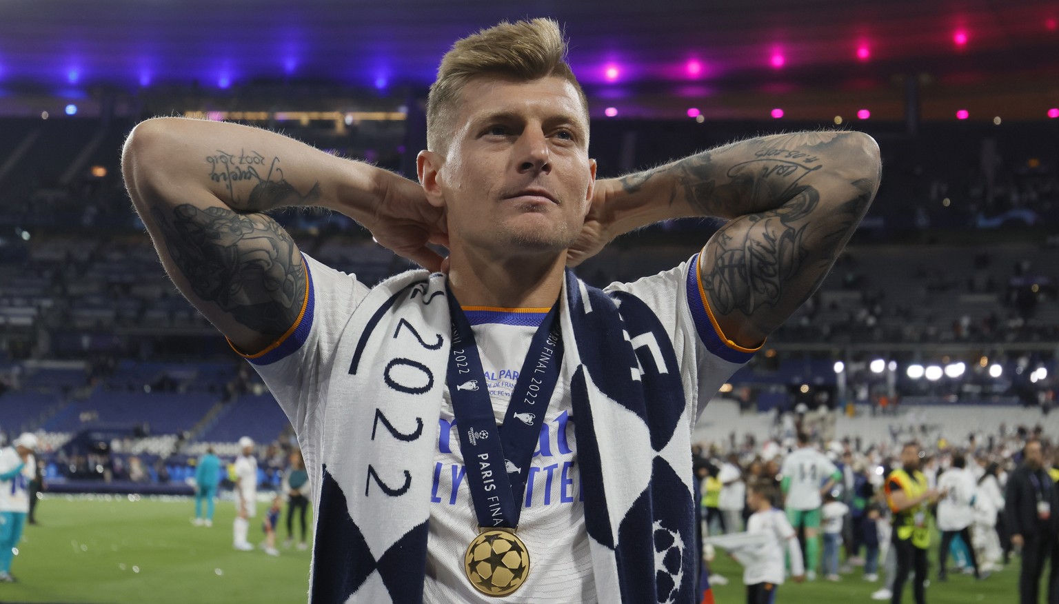 epa09983552 Toni Kroos of Real Madrid reacts after the UEFA Champions League final between Liverpool FC and Real Madrid at Stade de France in Saint-Denis, near Paris, France, 28 May 2022. EPA/RONALD W ...