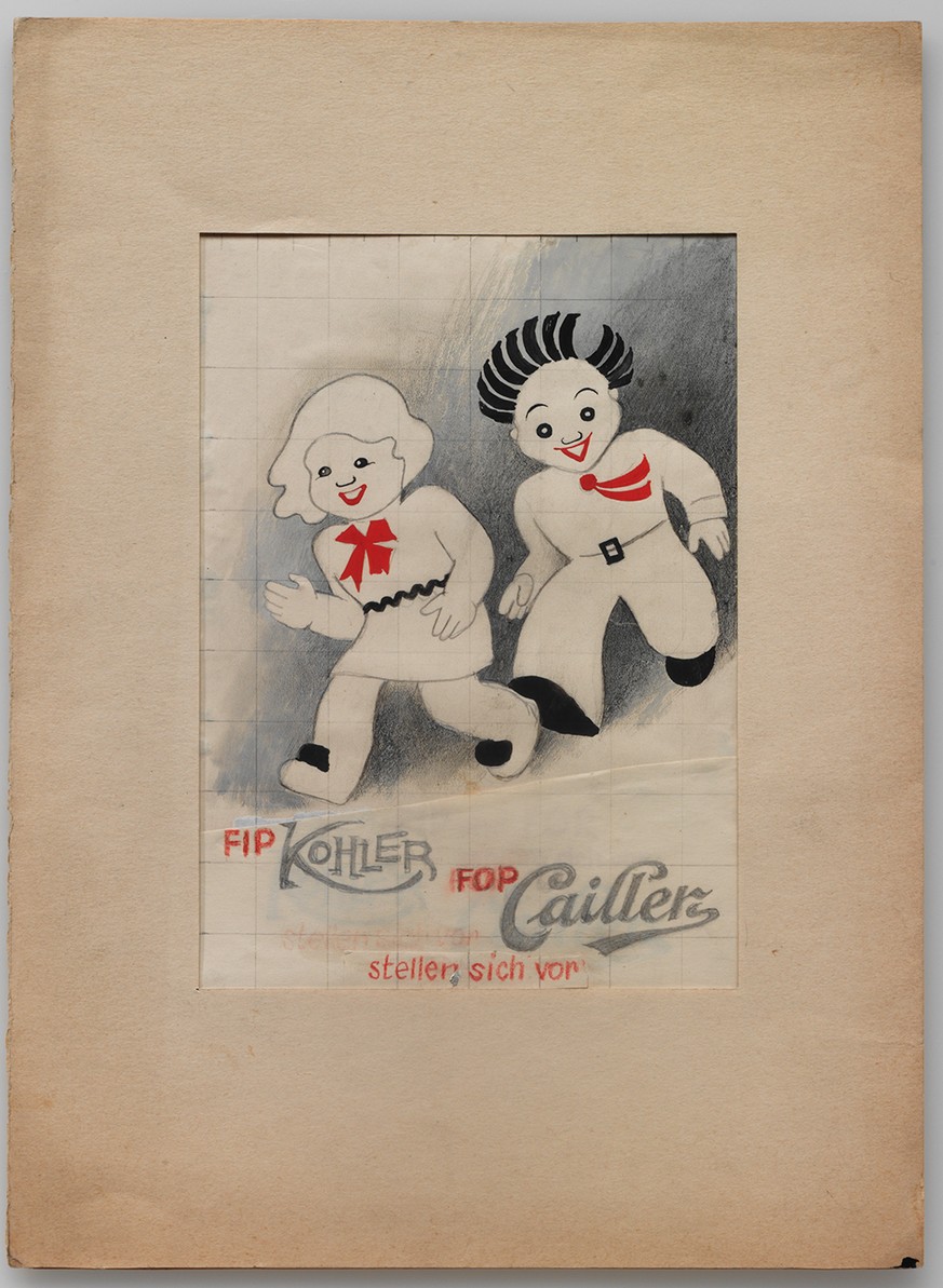 Plakatentwurf mit den Werbefiguren Fip und Fop. Farbstift, Bleistift, Gouache. 1932.