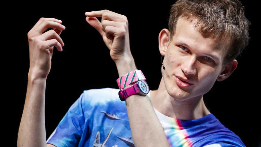 Russian-Canadian programmer Vitalik Buterin, founder and inventor of the Ethereum mining network and software development platform, along with the associated Ether (ETH) cryptocurrency, speaks at a bl ...