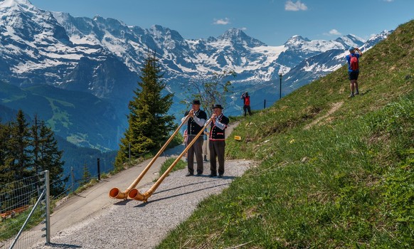 Two guys who are playing the alpine horn to welcome the tourists on the Schynige Platte in Switzerland