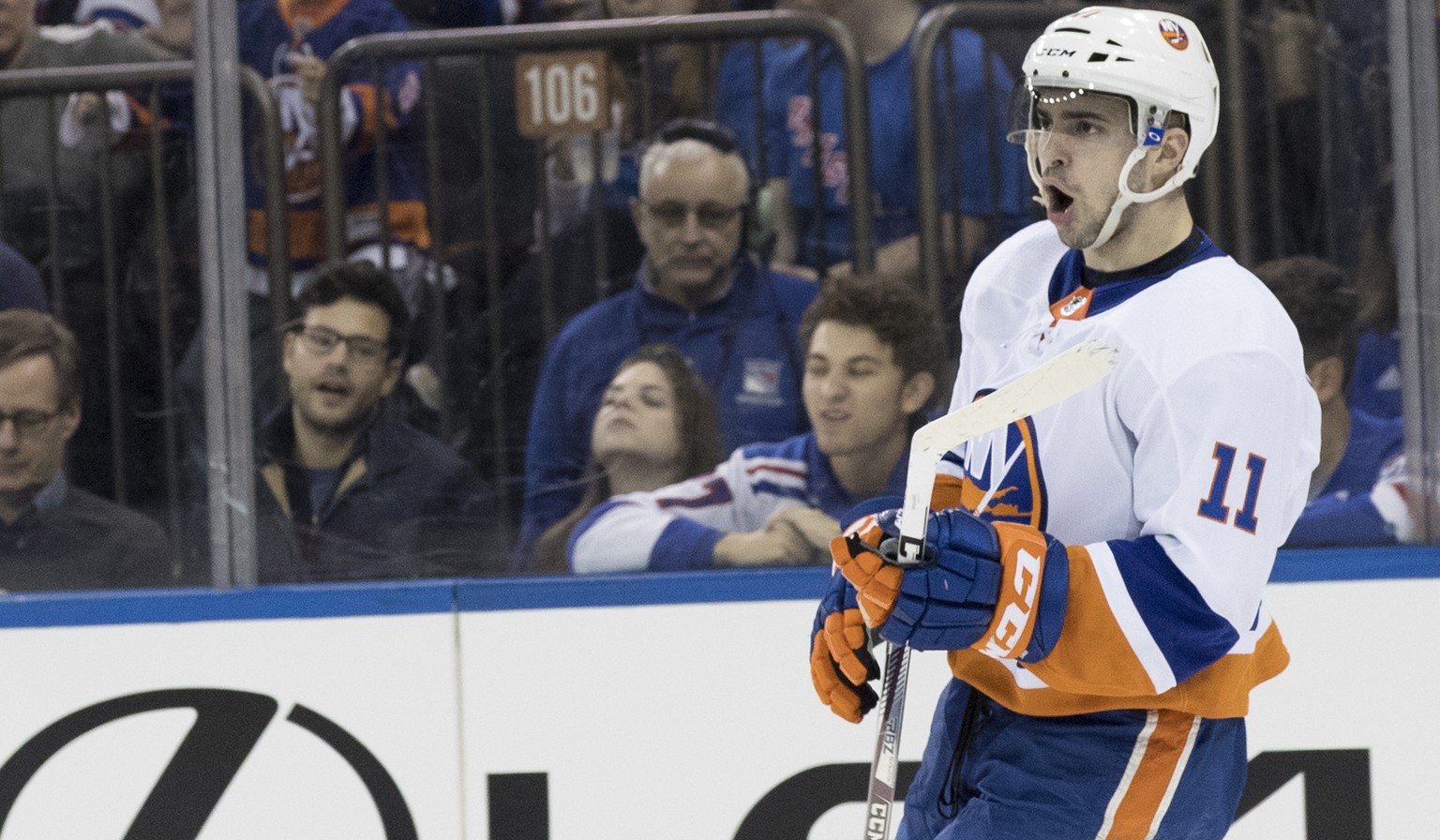 New York Islanders left wing Shane Prince reacts after scoring a goal during the first period of an NHL hockey game New York Rangers, Saturday, Jan. 13, 2018, at Madison Square Garden in New York. (AP ...