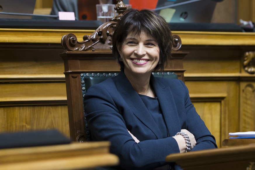 Bundesraetin Doris Leuthard waehrend der Debatte um die Post, waehrend der Fruehlingssession der Eidgenoessischen Raete, am Mittwoch, 14. Maerz 2018 in Bern. (KEYSTONE/Peter Klaunzer)