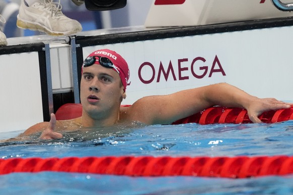 Noe Ponti, of Switzerland, reacts after a heat during the men&#039;s 200-meter butterfly at the 2020 Summer Olympics, Monday, July 26, 2021, in Tokyo, Japan. (AP Photo/Petr David Josek)