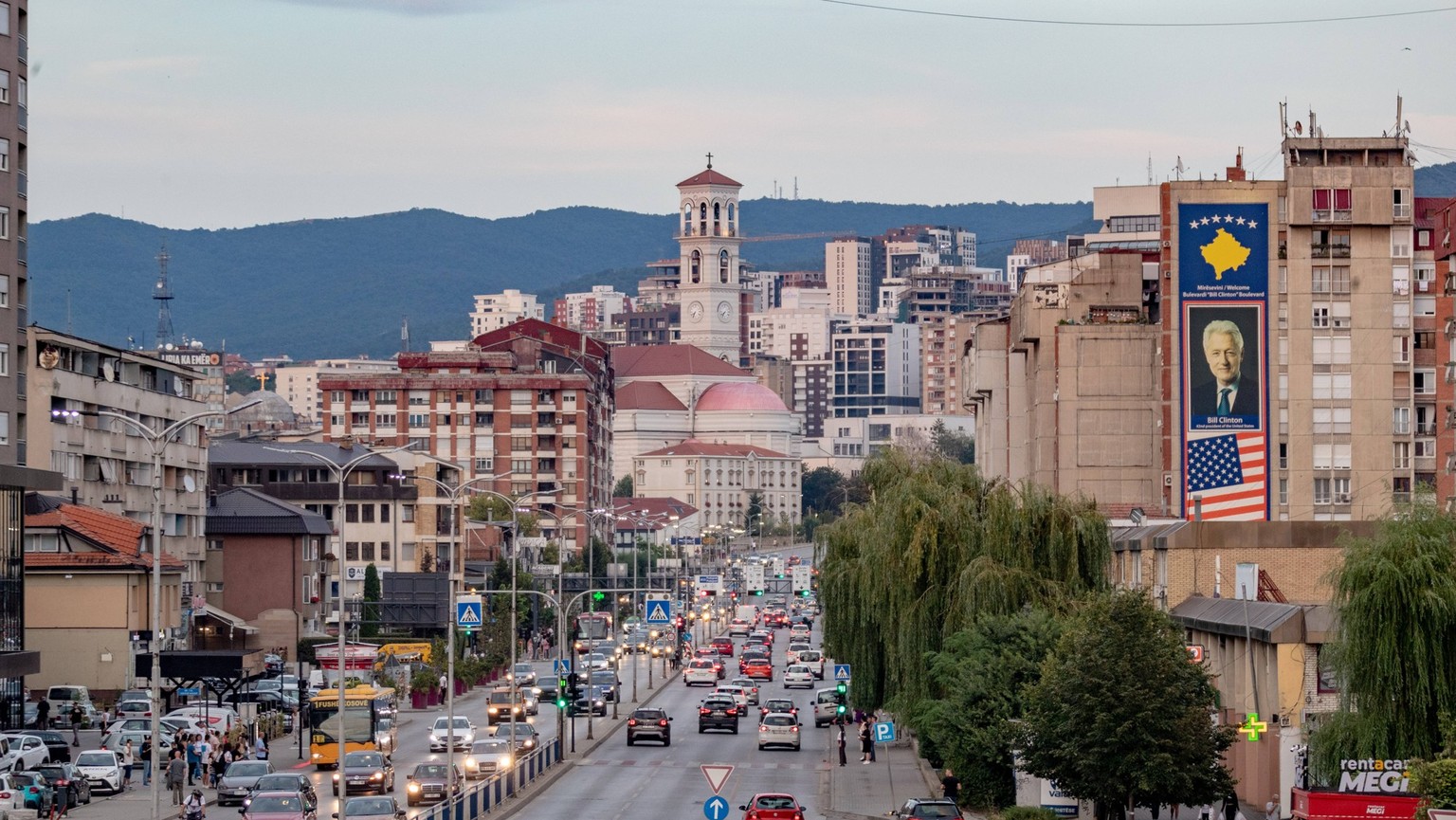 An all-encompassing view captures the Bill Clinton Boulevard as the sun sets on the day in the Kosovar capital, Pristina, Kosovo, on Monday, July 31, 2023. VX Photo/Vudi Xhymshiti, Sunset on Bill Clin ...