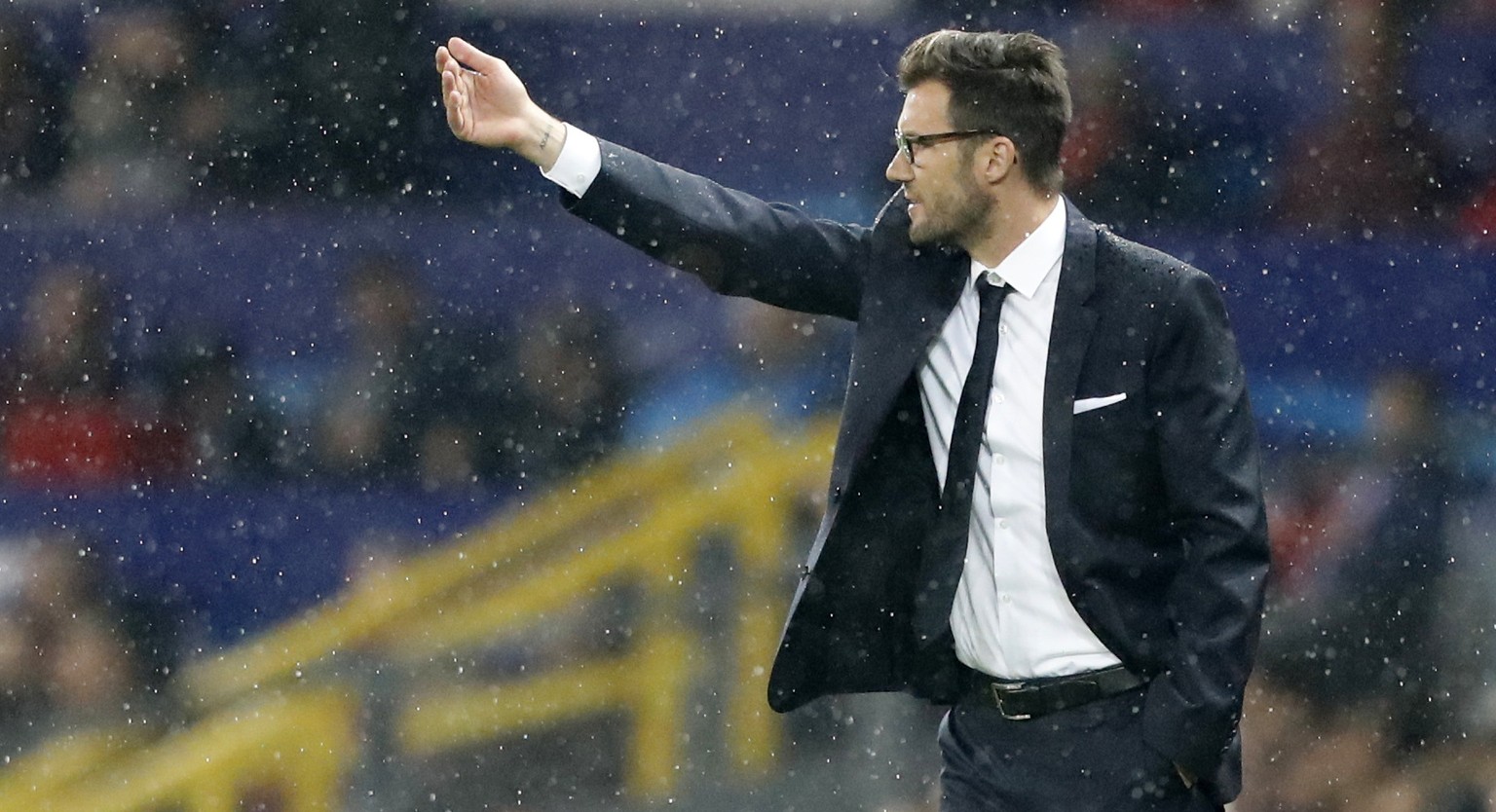 Basel coach Raphael Wicky gestures during the Champions League group A soccer match between Manchester United and Basel, at the Old Trafford stadium in Manchester, Tuesday, Sept. 12, 2017. (AP Photo/F ...