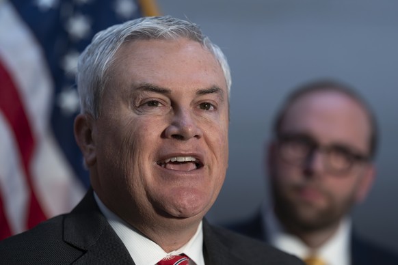 FILE - House Oversight and Accountability Committee Chairman James Comer, R-Ky., joined at right by House Ways and Means Committee Chairman Jason Smith, R-Mo., speaks at the Capitol in Washington, Tue ...
