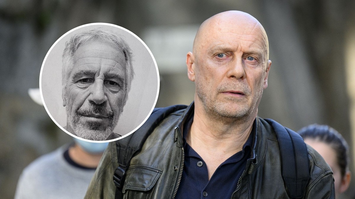Alain Soral lors de son procès en appel à Lausanne pour homophobie. 27 septembre 2023. Médaillon: Jeffrey Epstein.