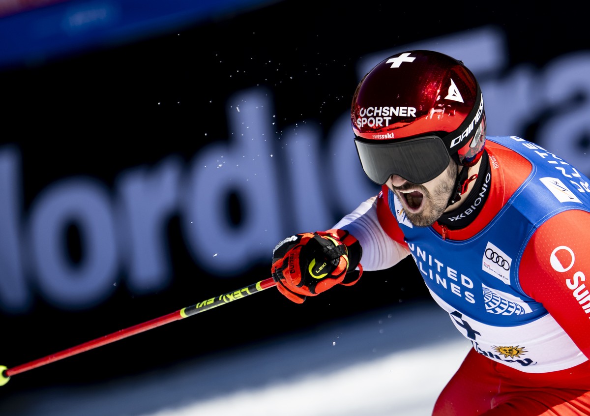 epa11990448 Winner Loic Meillerd of Switzerland reacts in the finish area during the second run of the men's Giant Slalom race at the FIS Alpine Ski World Cup Finals, at Sun Valley Resort, Idaho, ...