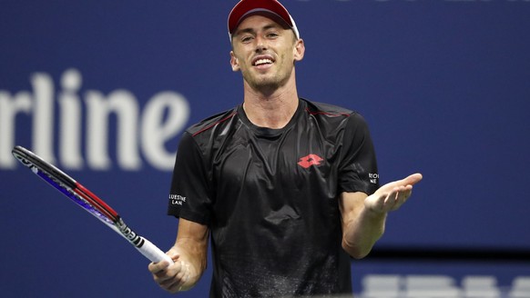 epa06995508 John Millman of Australia reacts during his match against Roger Federer of Switzerland during the eighth day of the US Open Tennis Championships at the Arthur Ashe Stadium in the USTA Nati ...