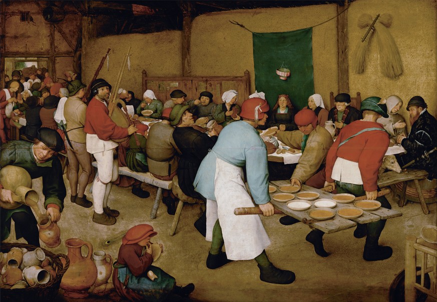 Wenn es viel zu essen gab, langten die Leute im Mittelalter tüchtig zu. «Die Bauernhochzeit», Gemälde (ca. 1568) von Pieter Bruegel dem Älteren.&nbsp;