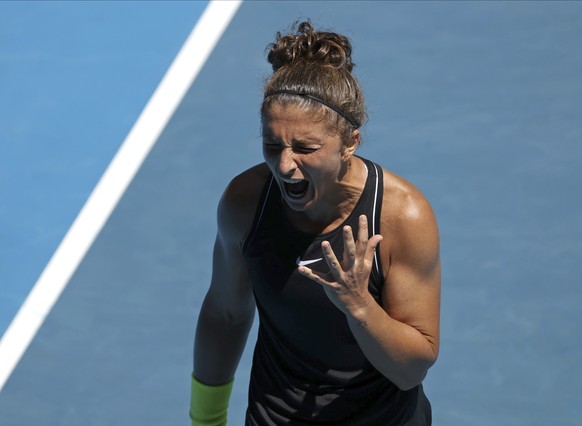 Italy&#039;s Sara Errani reacts during her third round loss to Taiwan&#039;s Hsieh Su-Wei at the Australian Open tennis championship in Melbourne, Australia, Friday, Feb. 12, 2021.(AP Photo/Hamish Bla ...
