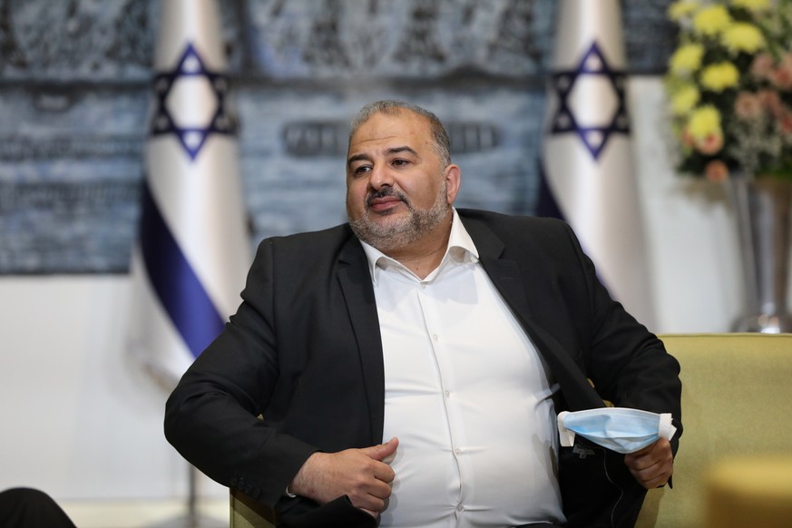 epa09117421 Israeli Arab politician, leader of the United Arab list, Mansour Abbas attends a consultation with the Israeli President Reuven Rivlin, on who might form the next coalition government, at  ...