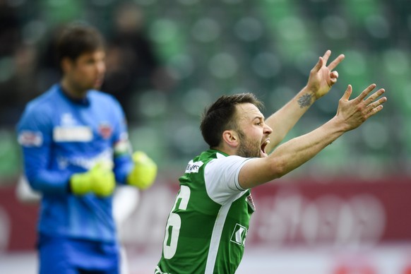 St. Gallens Alain Wiss nach einer verpassten Chance beim Fussball Super-League Spiel zwischen dem FC St. Gallen und dem Neuchatel Xamax FCS, am Sonntag, 3. Maerz 2019, im Kybunpark in St. Gallen. (KEY ...