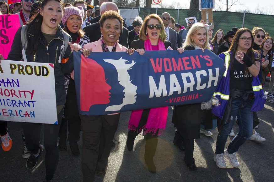 FILE - In this Jan. 20, 2018 file photo, House Minority Leader Nancy Pelosi of Calif, center, marches in the Women&#039;s March as they walk to the White House from the Lincoln Memorial in Washington. ...