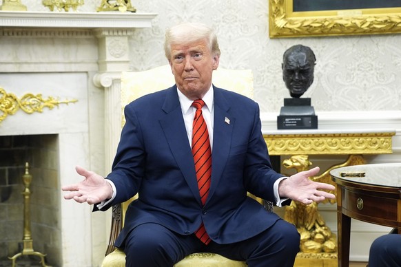 epa11961714 US President Donald Trump gestures during his meeting with NATO Secretary General Mark Rutte in the Oval Office of the White House in Washington, DC, USA, 13 March 2025. EPA/YURI GRIPAS /  ...