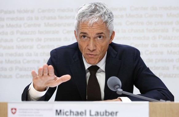 epa07561101 Swiss Federal Attorney Michael Lauber speaks during a press conference at the Media Centre of the Federal Parliament in Bern, Switzerland, 10 May 2019. Federal Attorney Michael Lauber is c ...