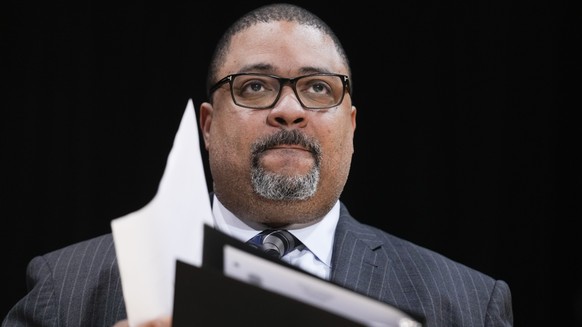Manhattan District Attorney Alvin Bragg participates in a news conference in New York, Tuesday, Feb. 7, 2023. After a challenging first year in office, Manhattan&#039;s district attorney is back in th ...