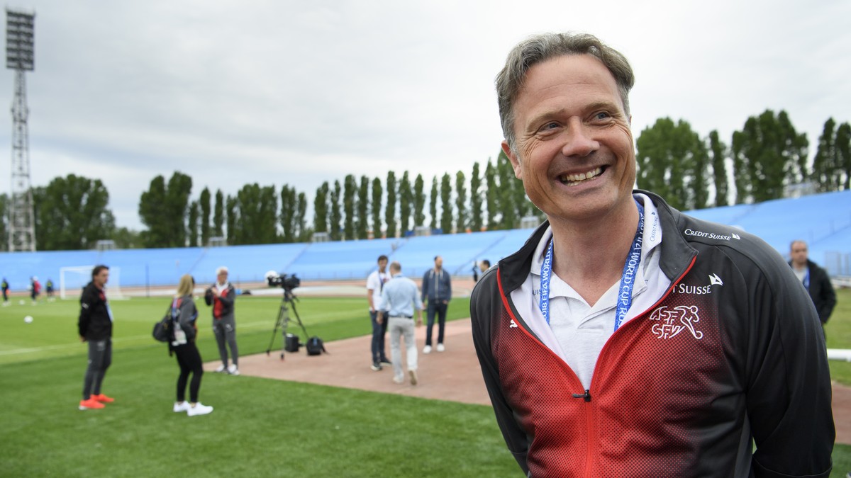 Alex Miescher, General Secretary of the Swiss Footbal Association, SFA, and Head of Mission smiles during a public training session of the Switzerland's national soccer team at the Torpedo Stadiu ...