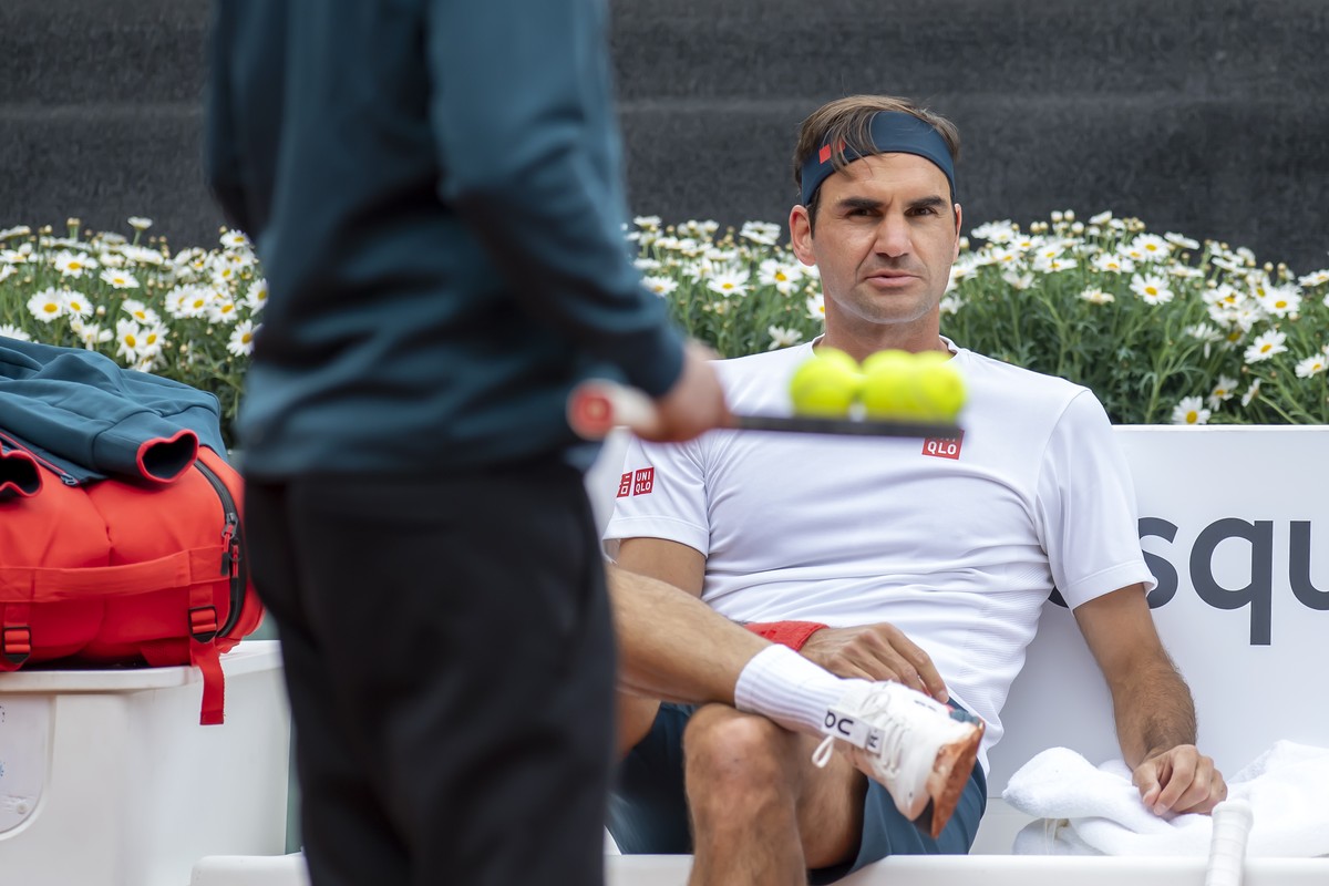Switzerland's tennis player Roger Federer looks on during a training session prior to the ATP 250 Tennis Geneva Open tournament, in Geneva, Switzerland, Friday, May 14, 2021. (Martial Trezzini/Ke ...