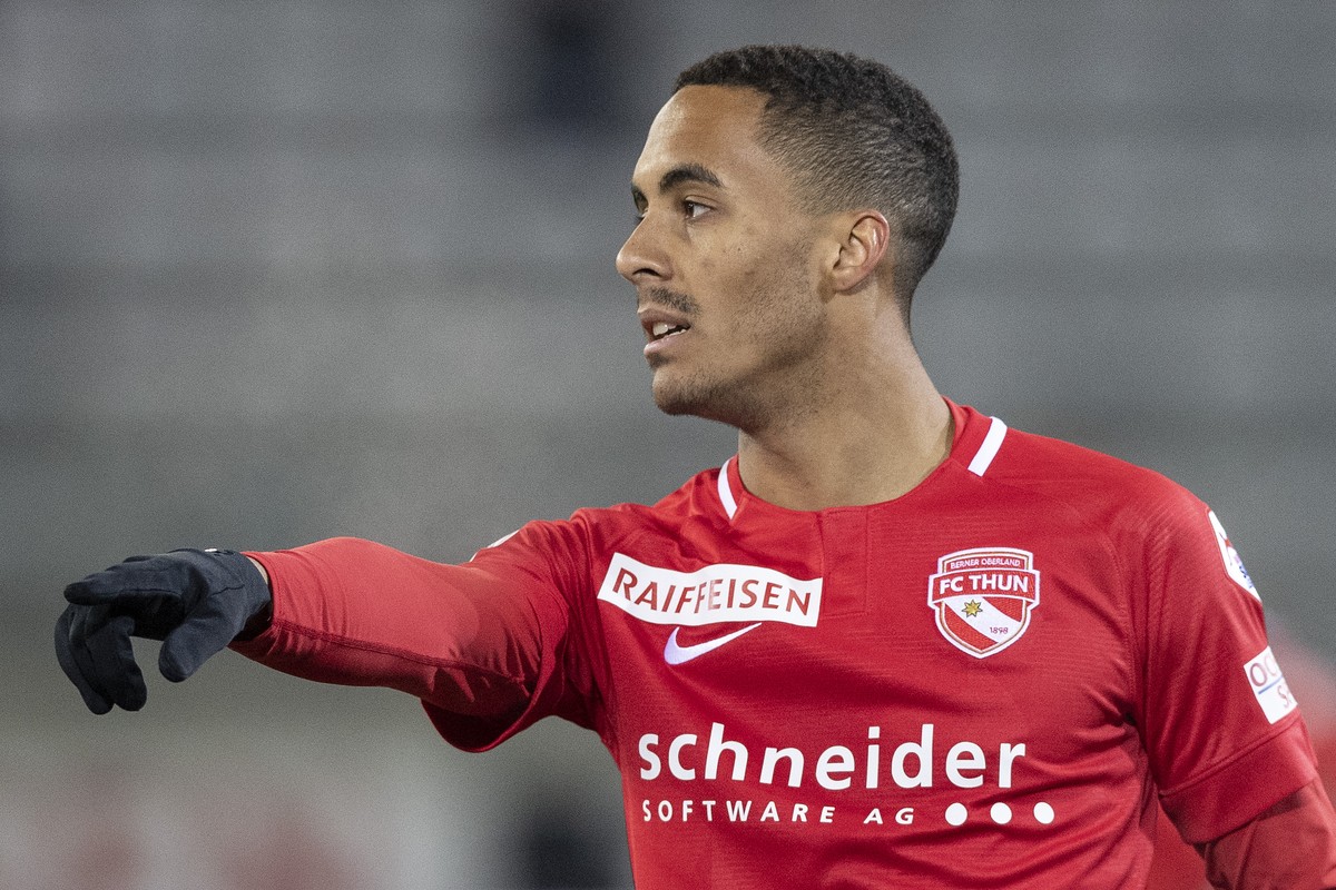 Thuns Marvin Spielmann im Fussball Meisterschaftsspiel der Super League zwischen dem FC Thun und dem FC Sion, am Donnerstag, 4. April 2019, in der Stockhorn Arena in Thun. (KEYSTONE/Peter Schneider)